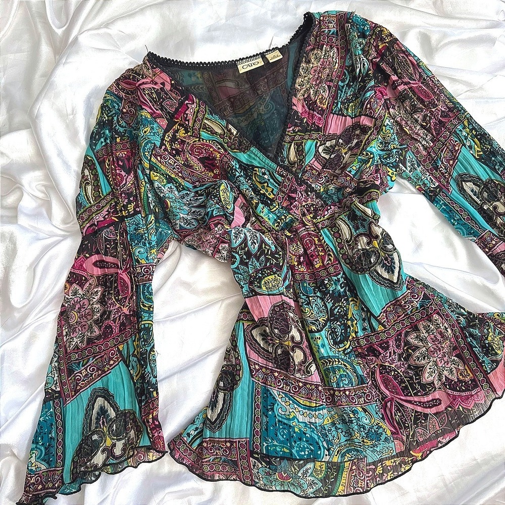 Cato Womens Paisley Patchwork Crinkle Blouse V-Neck Bell Sleeve Boho Top Medium
